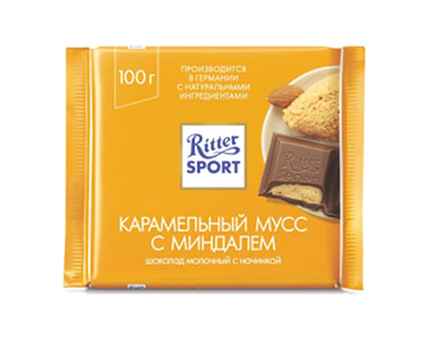 Шоколад RITTER SPORT молочный миндаль с карамелью 100г (З) / интернет-магазин напитков Лоза в Улан-Удэ