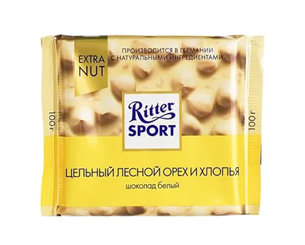 Шоколад RITTER SPORT EXTRA NUT белый с цельным фундуком и хлопьями 100г / интернет-магазин напитков Лоза в Улан-Удэ