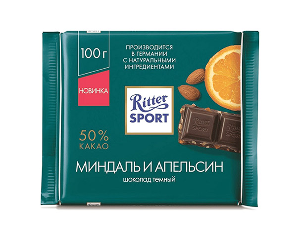 Шоколад RITTER SPORT темный Миндаль и апельсин 100г / интернет-магазин напитков Лоза в Улан-Удэ