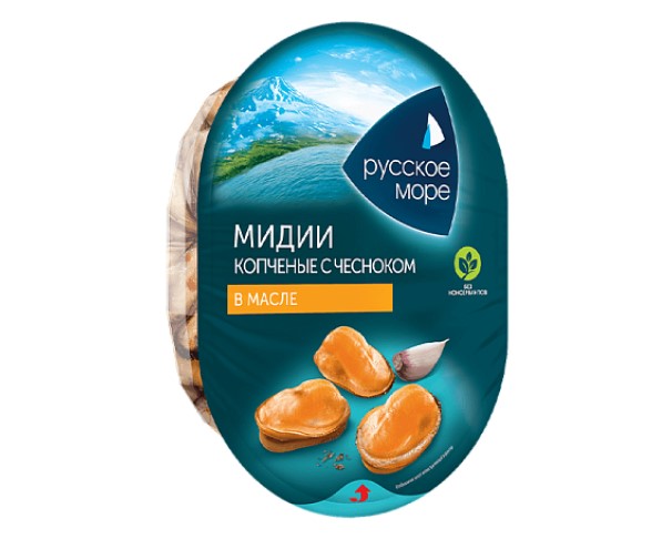Мясо мидий РУССКОЕ МОРЕ копченое с чесноком и зеленью в масле 180г / интернет-магазин напитков Лоза в Улан-Удэ